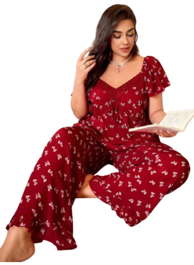 Special Size Short Sleeve Pajama Set - Bow Print - Burgundy - Image 3