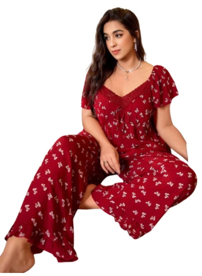 Special Size Short Sleeve Pajama Set - Bow Print - Burgundy - Image 2
