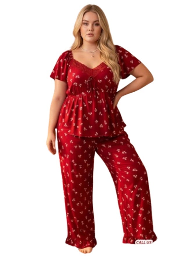 Special Size Short Sleeve Pajama Set - Bow Print - Burgundy - Image 4
