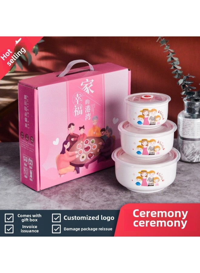 Ceramic Fresh-keeping Bowl Three-piece Gift Bowl Set Sealed Bowl Printed Logo Opening Activity Promotion Sales Gift-Specifications:Happy Home-Color:3-piece Fresh Bowl Set (20 Sets Per Box) - Image 1