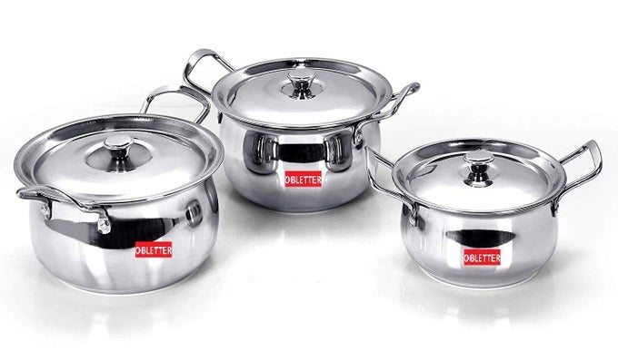 STAINLESS STEEL KITCHEN SERVING WITH LIDS AND HANDLE HANDI SET 3PIECES