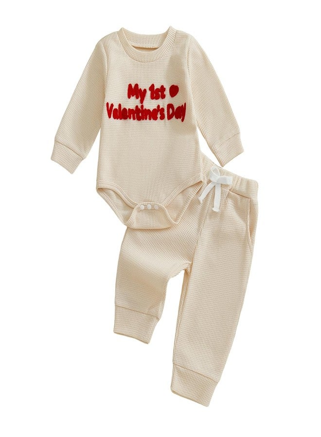 Douhoow Baby Valentines Day Outfit Infant Boy Girl My 1st Valentine's Embroidered Waffle Baby Sweatshirt Romper Pants Set (Khaki, 0-3 Months) - Image 1