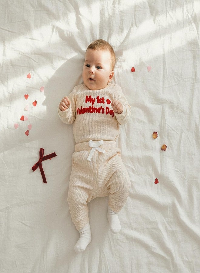 Douhoow Baby Valentines Day Outfit Infant Boy Girl My 1st Valentine's Embroidered Waffle Baby Sweatshirt Romper Pants Set (Khaki, 0-3 Months) - Image 5