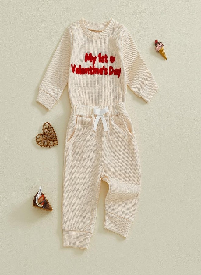 Douhoow Baby Valentines Day Outfit Infant Boy Girl My 1st Valentine's Embroidered Waffle Baby Sweatshirt Romper Pants Set (Khaki, 0-3 Months) - Image 3