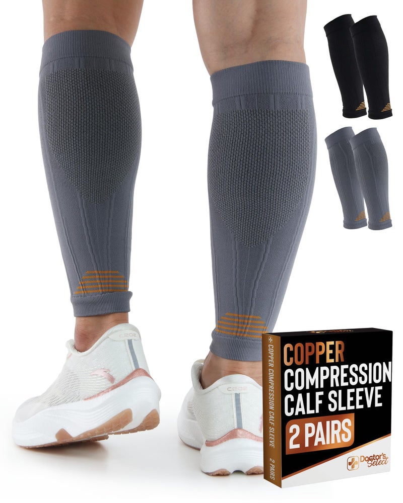 Doctor's Select 2 Pairs Copper Calf Compression Sleeve - Shin Splint & Calf Tear Support, Black & Gray - Image 1