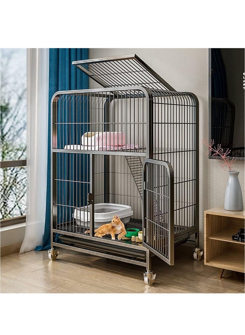 XiuWoo 70x55x75cm 2 Tier Metal Cat Cage, Crate Shell Kennel, Threshold-Free Automatic Gravity Lock Design Door Indoor Outdoor Cage with Wheels, Black Cage for Pet Cats Ferret Chinchillas - Image 1