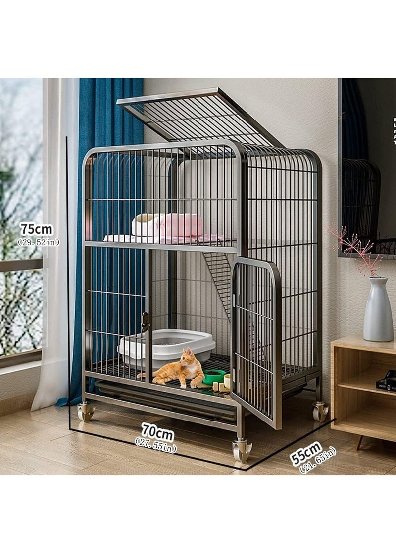 XiuWoo 70x55x75cm 2 Tier Metal Cat Cage, Crate Shell Kennel, Threshold-Free Automatic Gravity Lock Design Door Indoor Outdoor Cage with Wheels, Black Cage for Pet Cats Ferret Chinchillas - Image 4