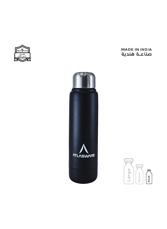 Atlasware Water Bottle with a Capacity of 220 ml, Stainless Steel Water Bottle that keeps Cold for 30 Hours and Keeps Heat for 8 Hours, Black  - Image 1