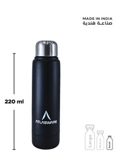 Atlasware Water Bottle with a Capacity of 220 ml, Stainless Steel Water Bottle that keeps Cold for 30 Hours and Keeps Heat for 8 Hours, Black  - Image 3