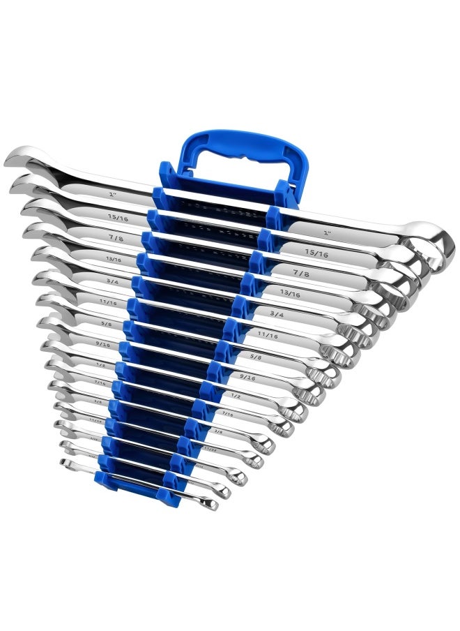 EFFICERE - Max Torque 15-Piece Premium Combination Wrench Set Complete Sae Inch Sizes From 1 4 To 1 With Rack Organizer Chrome Vanadium Steel Long Pattern Mirror Chrome Finish - Image 1