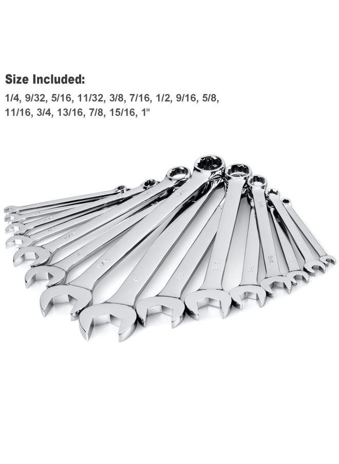 EFFICERE - Max Torque 15-Piece Premium Combination Wrench Set Complete Sae Inch Sizes From 1 4 To 1 With Rack Organizer Chrome Vanadium Steel Long Pattern Mirror Chrome Finish - Image 1