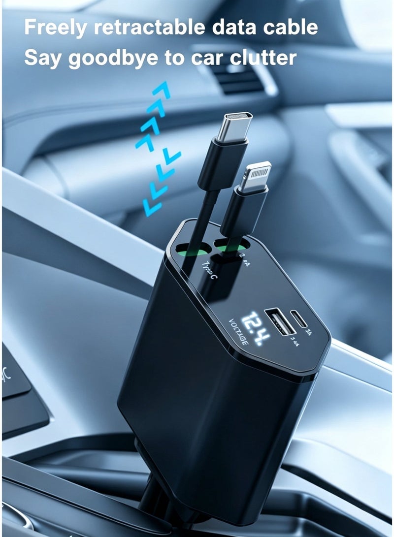شاحن سيارة قابل للسحب بقوة 120 واط مع كابلات USB-C وLightning، محول شحن سريع متعدد الوظائف (4 في 1)، كابل بطول 31.5 بوصة و2 منافذ USB، متوافق مع iPhone وiPad وPixel وغير ذلك - Image 2
