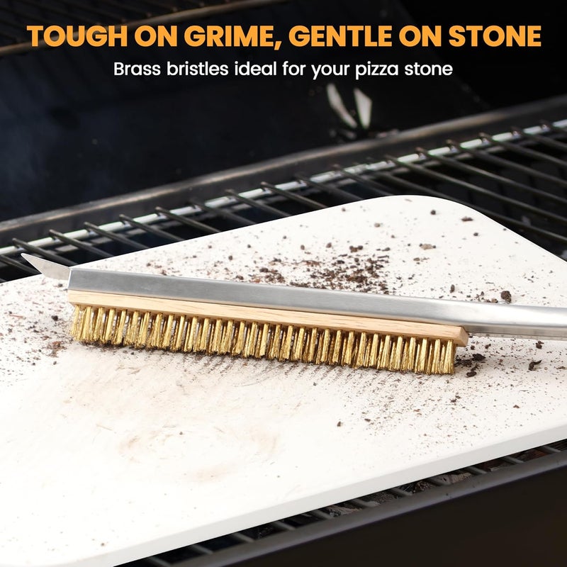Leightszen 21" Pizza Brush with Stainless Steel Stone Scraper - Brass Bristles - Wooden Handle - Hanging Ring - Outdoor Pizza Oven Accessory - Oven Compatible - Image 2