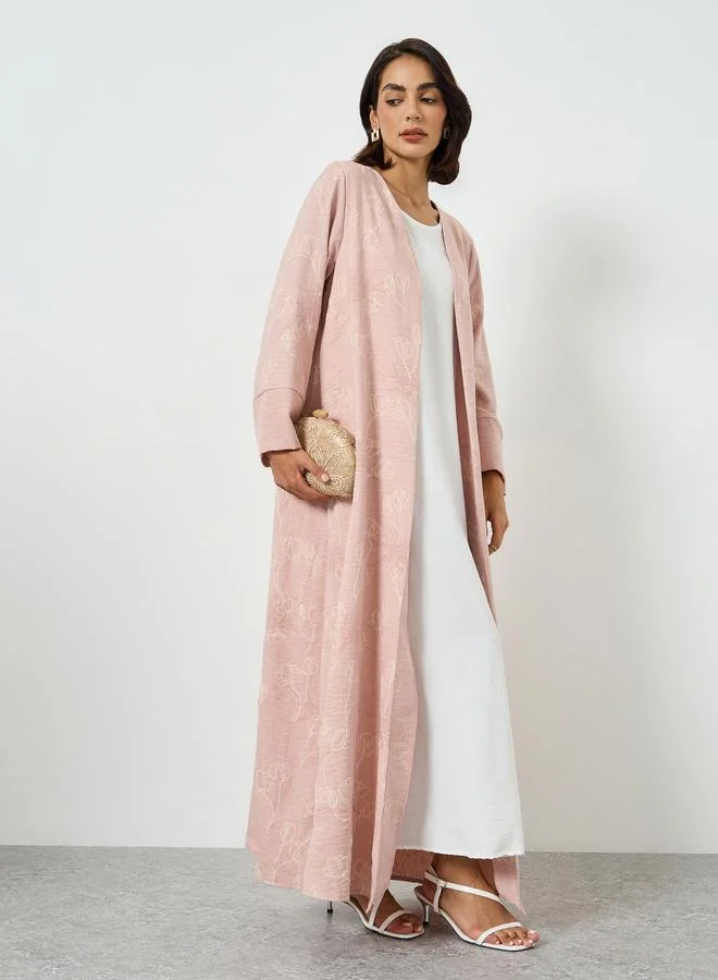 Light Pink Floral Print Front Open Abaya