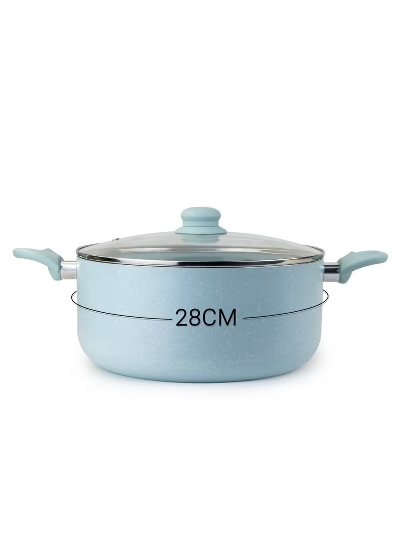 ويلسون طاجن من خشب البلوط مع غطاء ومطلي بالرخام، ومقبض ناعم الملمس، مناسب لموقد الغاز الكهربائي والحث والسيراميك والفرن الهولندي - 28 سم - أزرق - Image 3