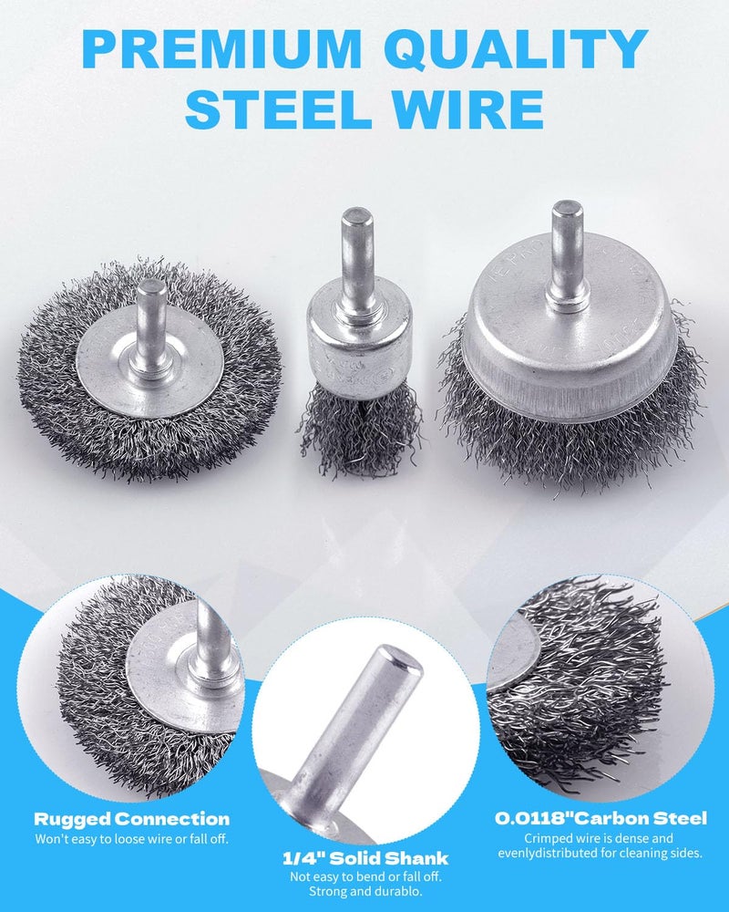 Rocaris 21-Pack Carbon Steel Wire Wheel, Cup, Pen Brush Set with 1/4-Inch Round Shank for Rust Removal, Corrosion and Scrub Surfaces - Image 3