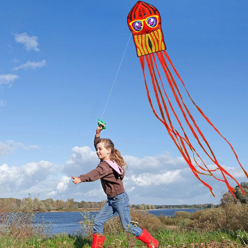 Octopus Kite: Red Durable Wind-Resistant Easy-To-Fly Kids Kite - Stable Structure Strikingly Lifelike Colorful Kite for Family Outdoor Activities - Image 4