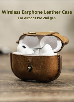 General Case Compatible with AirPods Pro2, Premium Genuine Leather Protective Case Cover Shockproof with Keychain for AirPods Pro 2nd Generation, Supports Wireless Charging Brown  - Image 2