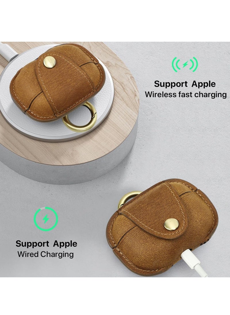 General - Case Compatible with AirPods Pro2, Premium Genuine Leather Protective Case Cover Shockproof with Keychain for AirPods Pro 2nd Generation, Supports Wireless Charging Brown - Image 1
