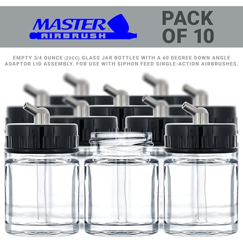 Master Airbrush (Pack of 10) TB-003 Empty 3/4 Ounce (22cc) Glass Jar Bottles with 60° Down Angle Adaptor Lid Assembly - Fits Single-Action Siphon Feed Airbrushes, Use with Master Badger Paasche, Iwata - Image 2