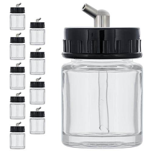 Master Airbrush (Pack of 10) TB-003 Empty 3/4 Ounce (22cc) Glass Jar Bottles with 60° Down Angle Adaptor Lid Assembly - Fits Single-Action Siphon Feed Airbrushes, Use with Master Badger Paasche, Iwata - Image 1