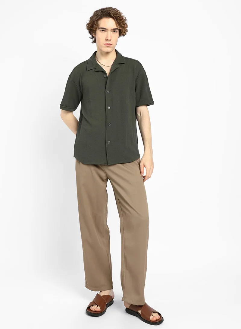 Campus Sutra Men's Army Green Rope-Textured Oversized Shirt
