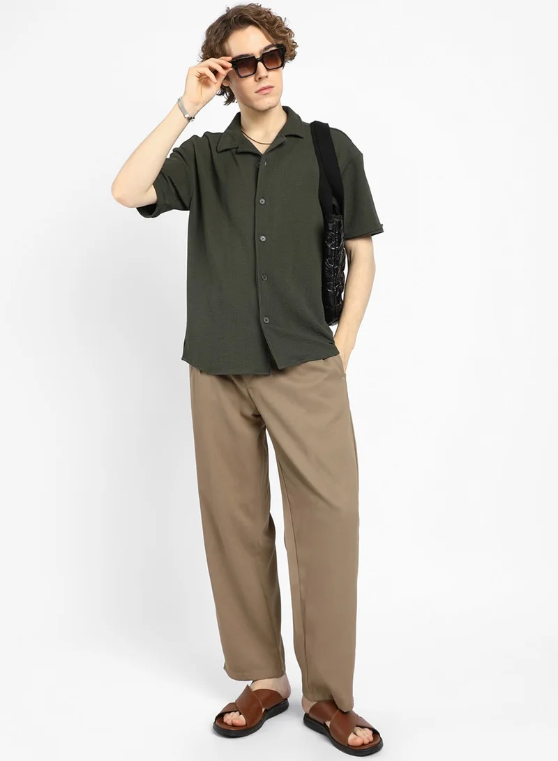 Campus Sutra Men's Army Green Rope-Textured Oversized Shirt