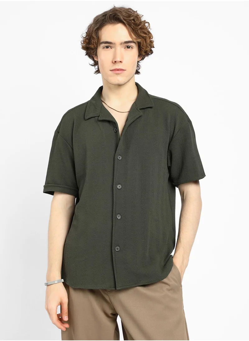 كامبوس سوترا Men's Army Green Rope-Textured Oversized Shirt
