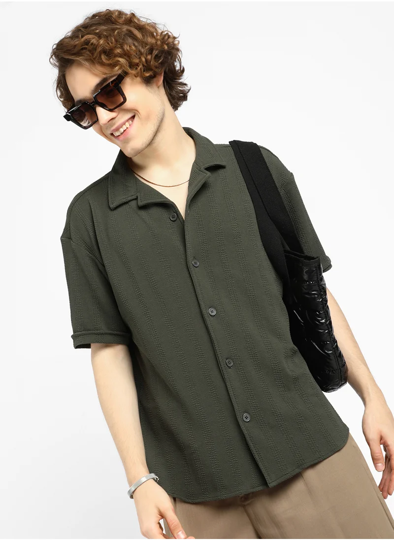 كامبوس سوترا Men's Army Green Rope-Textured Oversized Shirt