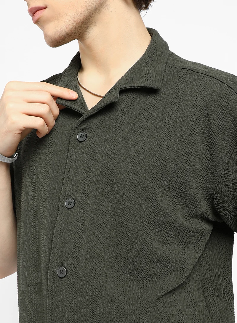 Campus Sutra Men's Army Green Rope-Textured Oversized Shirt