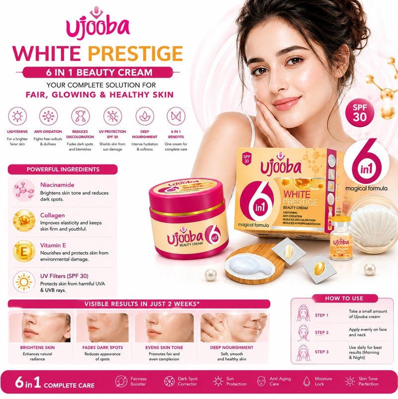 Ujooba 6 in 1 White Prestige Glow Booster Beauty Cream for Radiant & Brightening Skin Removes Acne, Wrinkles, Scars & Dark Spots For Men & Women Both Suitable For All Skin Types - Image 2