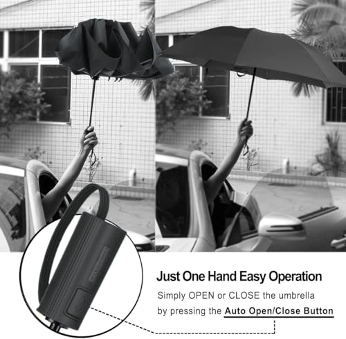 LANBRELLA Compact Reverse Folding Umbrella Auto Windproof Travel Umbrella-Black - Image 4