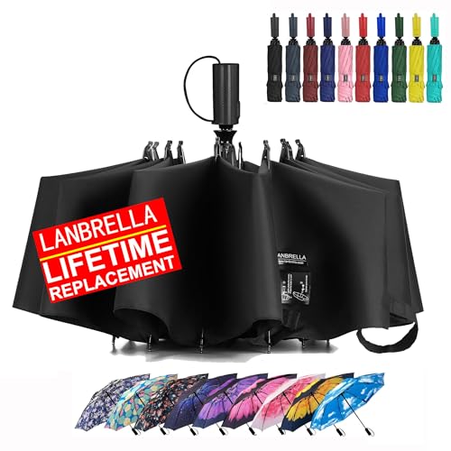 LANBRELLA Compact Reverse Folding Umbrella Auto Windproof Travel Umbrella-Black - Image 1