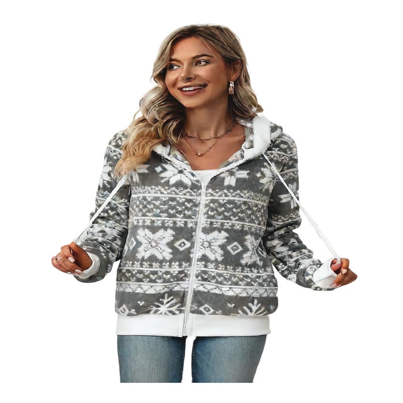 Fleece Hooded Cardigan with Christmas Print Plush Coat - Image 1