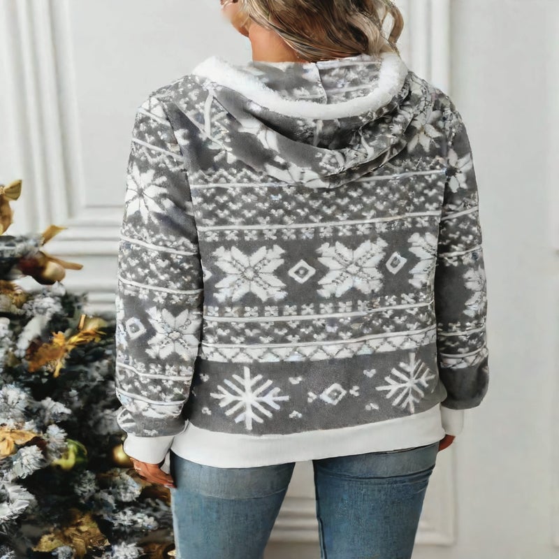 Fleece Hooded Cardigan with Christmas Print Plush Coat - Image 3