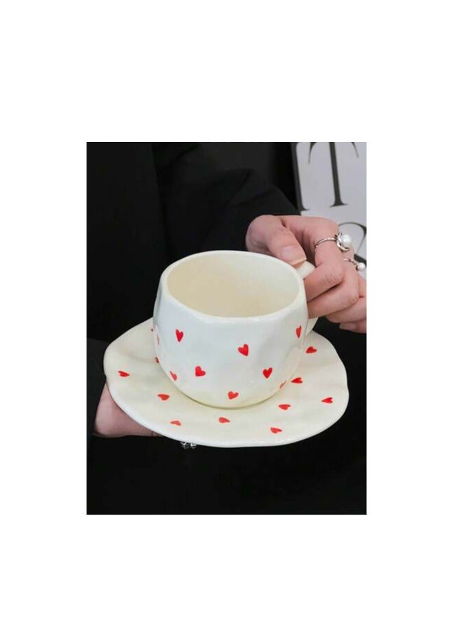 Elegant coffee cup with saucer - white ceramic decorated with red hearts - Image 1