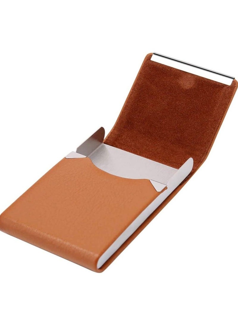 Captaintech Business Card Holder Case, Brown Fashion Professional PU Leather Business Card Carrier, Luxury Metal Name Card Holder with Magnetic Shut, Wallet Credit Card ID Case for Men & Women Best Gift - Image 3