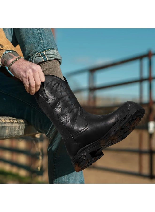 ANGRYRAM Cowboy Work Boots for Men Square Toe Leather Western Boot Waterproof Slip Resistant Indestructable Steel Toe Safety Boots for Men, Black, 8.5 - Image 2