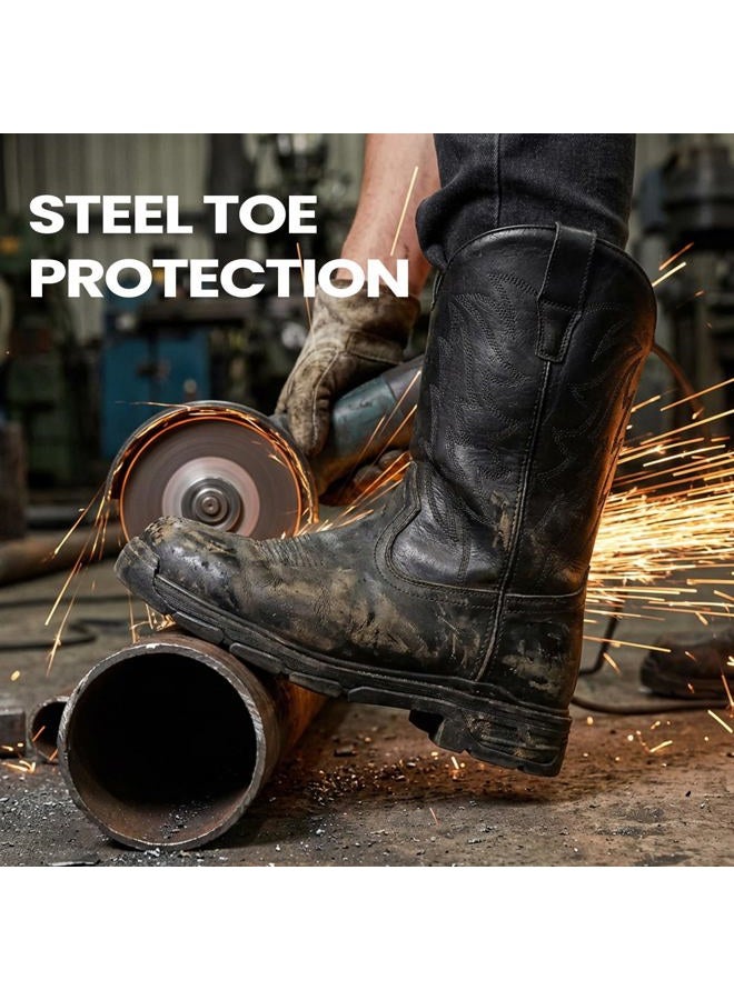 ANGRYRAM Cowboy Work Boots for Men Square Toe Leather Western Boot Waterproof Slip Resistant Indestructable Steel Toe Safety Boots for Men, Black, 8.5 - Image 4