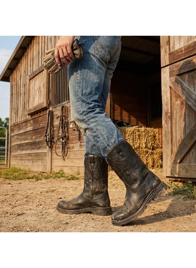 ANGRYRAM Cowboy Work Boots for Men Square Toe Leather Western Boot Waterproof Slip Resistant Indestructable Steel Toe Safety Boots for Men, Black, 8.5 - Image 3