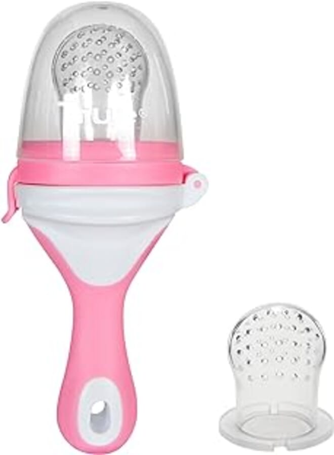 True 2022017 Silicon fruit feeder for fruits & vegetables with handle easy to hold & extra bigger size spare sack-color PINK/WHITE