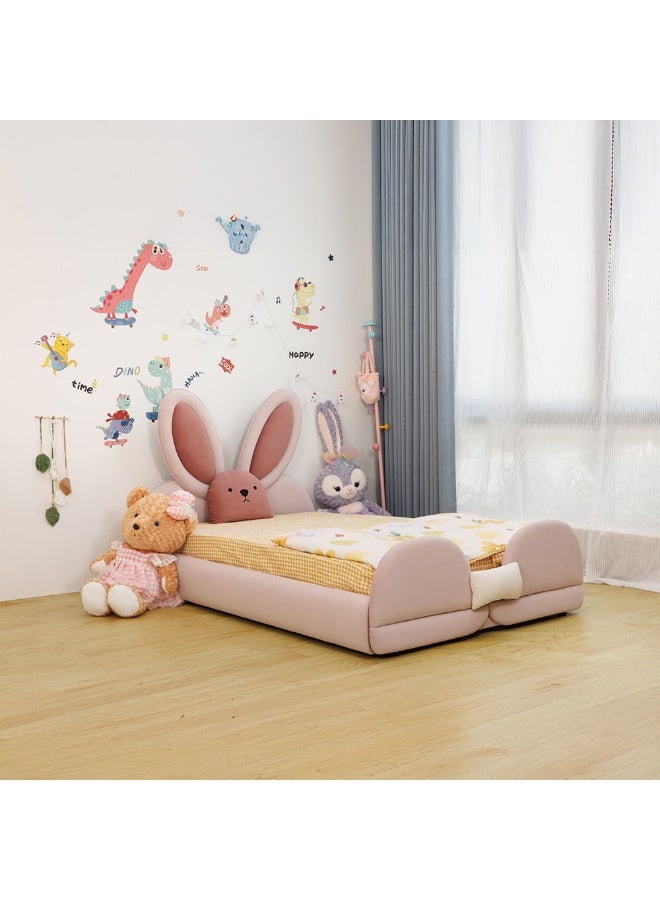 DANUBE HOME Peter Rabbit Velvet Upholstered Kids Bed 120×200 Cm – Premium Plush Headboard Single/Junior Bed, Luxury Kids Bedroom Furniture - Pink & White - Image 1