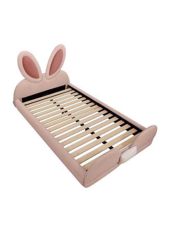 DANUBE HOME Peter Rabbit Velvet Upholstered Kids Bed 120×200 Cm – Premium Plush Headboard Single/Junior Bed, Luxury Kids Bedroom Furniture - Pink & White - Image 5