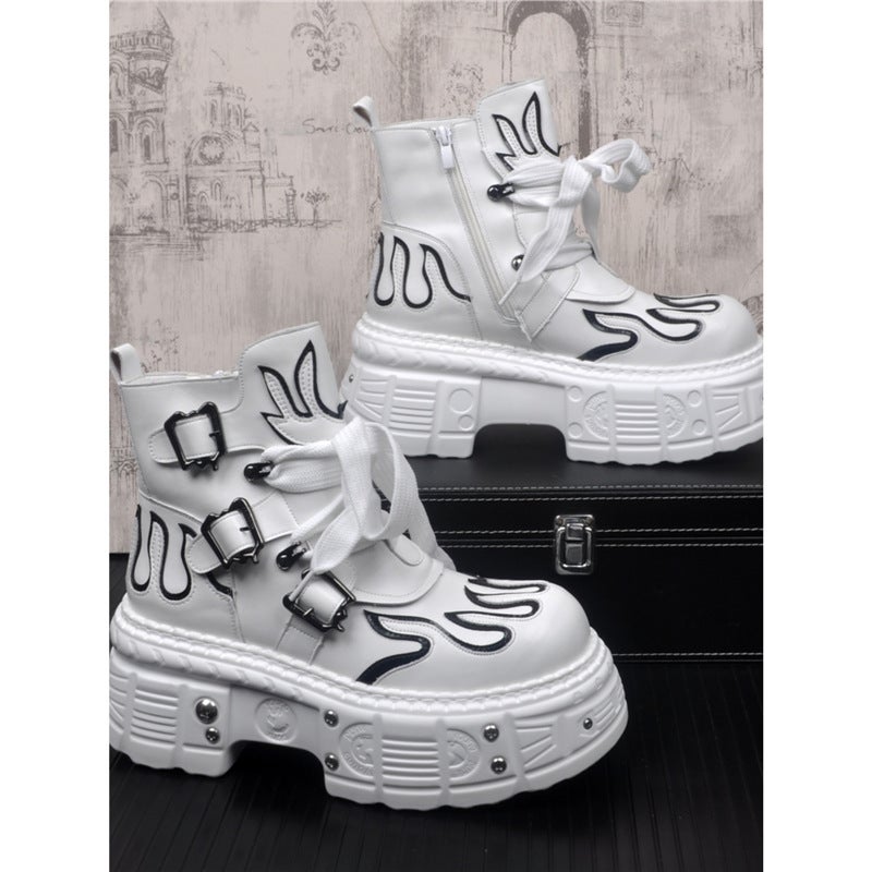 Trendy Men'S Leather Boots Thick-Soled Martin Boots Men'S Buff Handsome Hong Kong-Style Medium-Directional Cowboy Boots Youth White Short Boots - Image 3