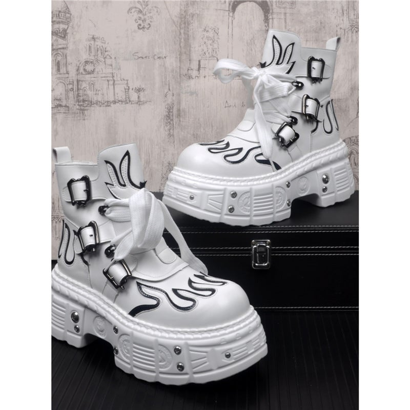 Trendy Men'S Leather Boots Thick-Soled Martin Boots Men'S Buff Handsome Hong Kong-Style Medium-Directional Cowboy Boots Youth White Short Boots - Image 2