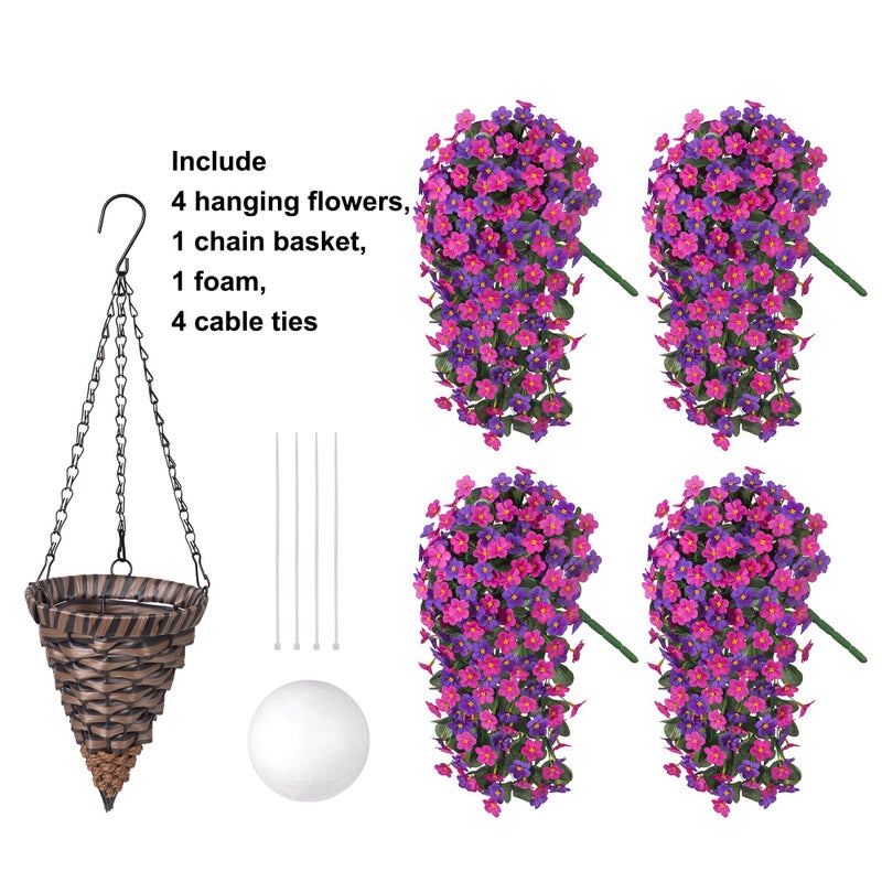 HyeFlora Artificial Fake Hanging Flowers with Basket for Outdoor Decoration,UV Resistant Faux Silk Daisy Flowers Dark Purple and Fuchsia Orchid Vines in Planter Realistic Hanging Baskets for Home Porch Garden - Image 4