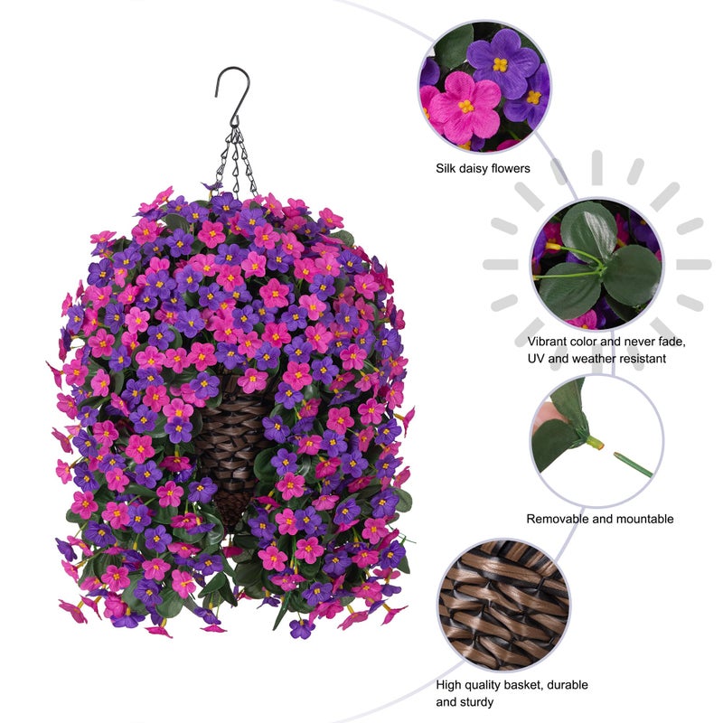 HyeFlora Artificial Fake Hanging Flowers with Basket for Outdoor Decoration,UV Resistant Faux Silk Daisy Flowers Dark Purple and Fuchsia Orchid Vines in Planter Realistic Hanging Baskets for Home Porch Garden - Image 2