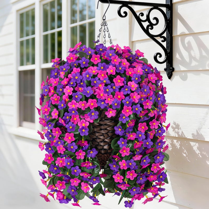 HyeFlora Artificial Fake Hanging Flowers with Basket for Outdoor Decoration,UV Resistant Faux Silk Daisy Flowers Dark Purple and Fuchsia Orchid Vines in Planter Realistic Hanging Baskets for Home Porch Garden - Image 1