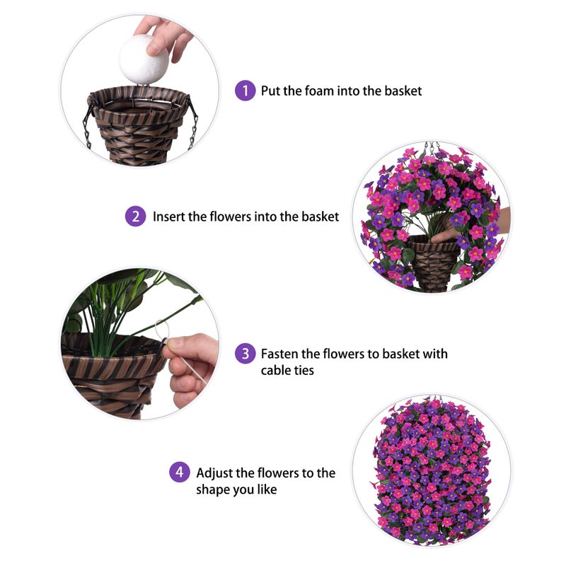 HyeFlora Artificial Fake Hanging Flowers with Basket for Outdoor Decoration,UV Resistant Faux Silk Daisy Flowers Dark Purple and Fuchsia Orchid Vines in Planter Realistic Hanging Baskets for Home Porch Garden - Image 5