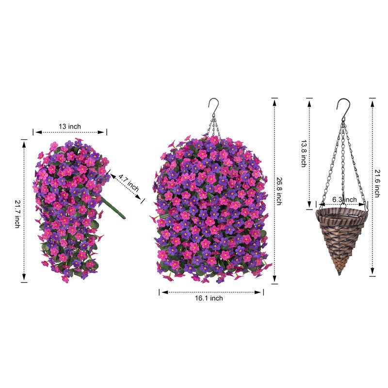 HyeFlora Artificial Fake Hanging Flowers with Basket for Outdoor Decoration,UV Resistant Faux Silk Daisy Flowers Dark Purple and Fuchsia Orchid Vines in Planter Realistic Hanging Baskets for Home Porch Garden - Image 3